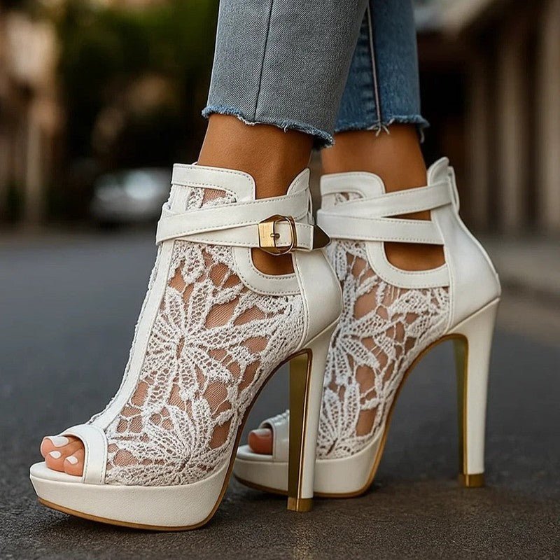 Luniva Lace Panel Platform Heels With Openwork Detailing - Nalani - Fashion Clothing and Decor