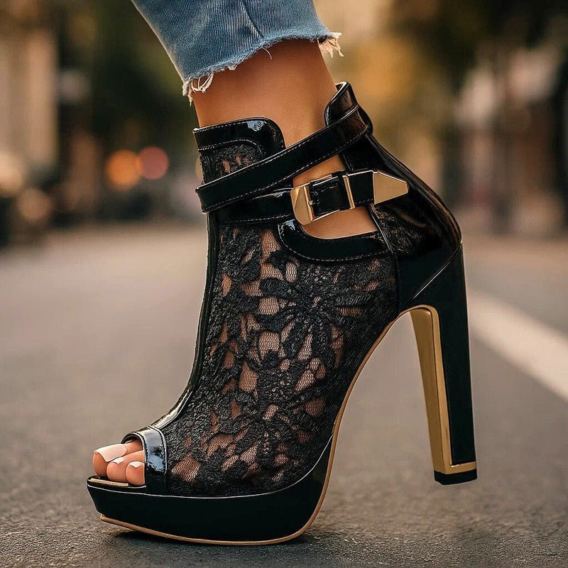 Luniva Lace Panel Platform Heels With Openwork Detailing - Nalani - Fashion Clothing and Decor