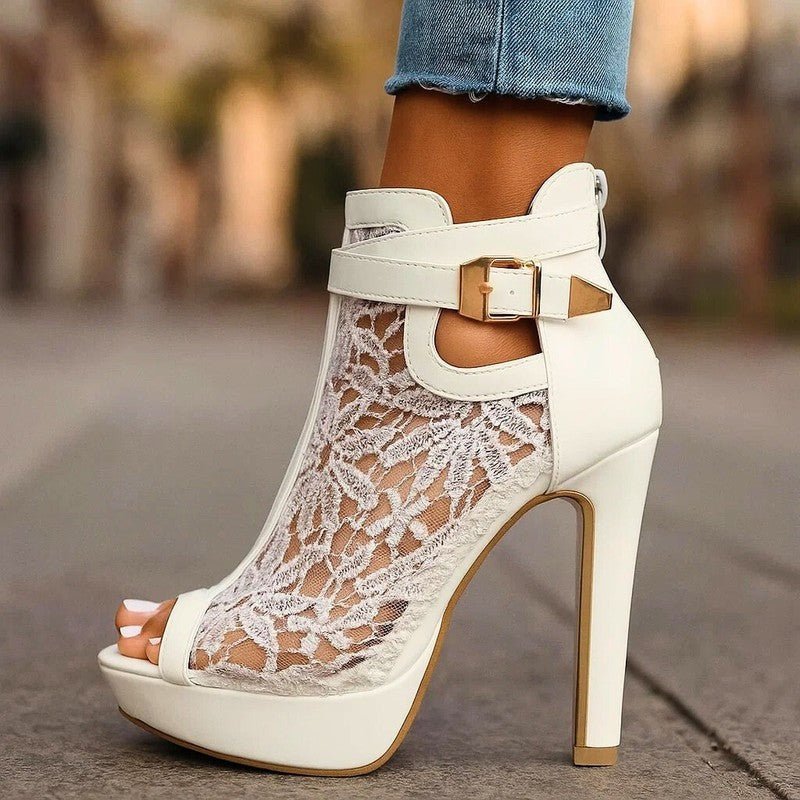 Luniva Lace Panel Platform Heels With Openwork Detailing - Nalani - Fashion Clothing and Decor