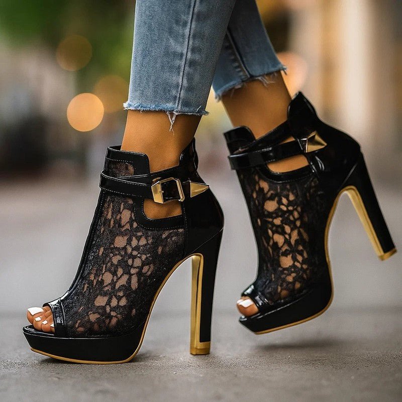 Luniva Lace Panel Platform Heels With Openwork Detailing - Nalani - Fashion Clothing and Decor