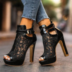 Luniva Lace Panel Platform Heels With Openwork Detailing - Nalani - Fashion Clothing and Decor