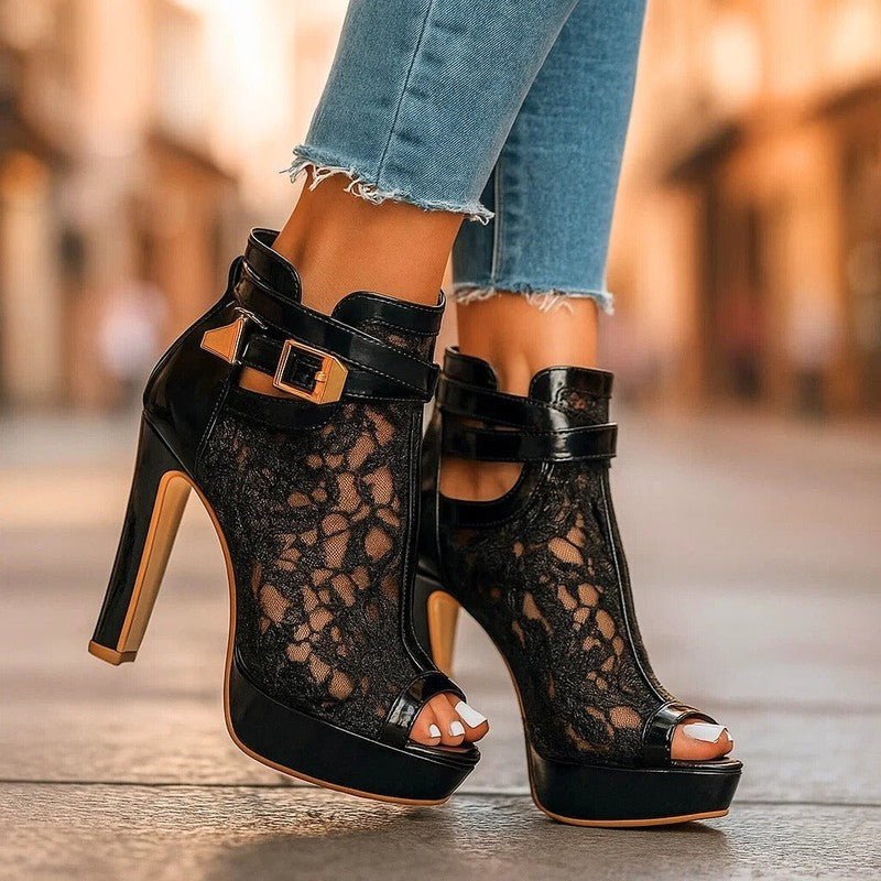 Luniva Lace Panel Platform Heels With Openwork Detailing - Nalani - Fashion Clothing and Decor