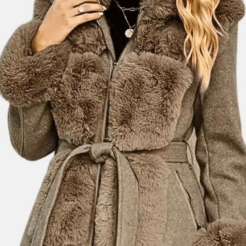 Malvioni | Women’s Trench Coat – Wool Blend – Relaxed Fit – Faux Fur Trim - Nalani - UK Fashion Clothing and Decor