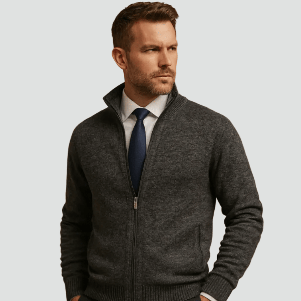 Mane | Men's Knitted Zip Cardigan with Stand Collar - Full-Zip Ribbed Knit Casual Jacket & Warm Fall Winter Layering Sweater - Nalani - Fashion Clothing and Decor