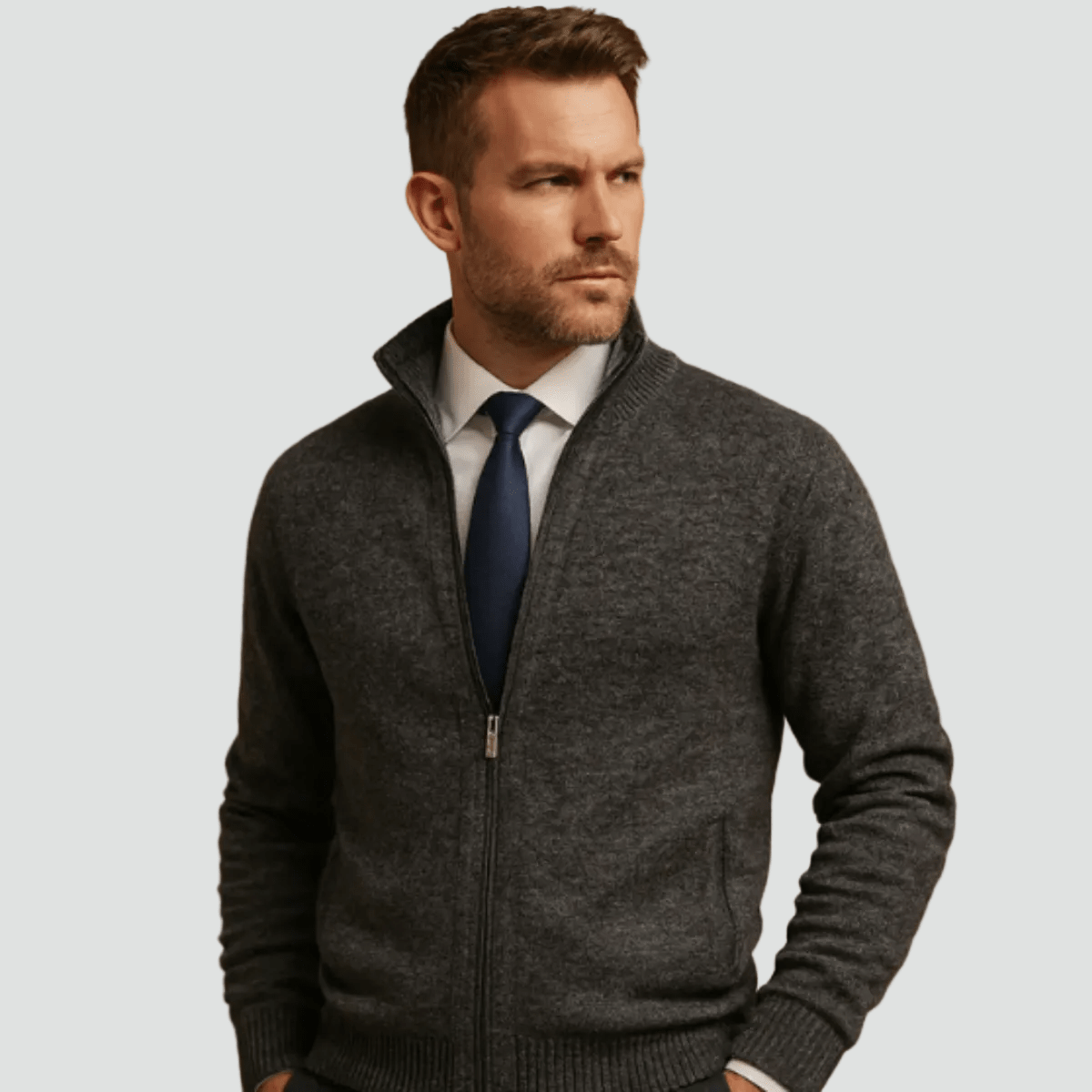 Mane | Men's Knitted Zip Cardigan with Stand Collar - Full-Zip Ribbed Knit Casual Jacket & Warm Fall Winter Layering Sweater - Nalani - Fashion Clothing and Decor