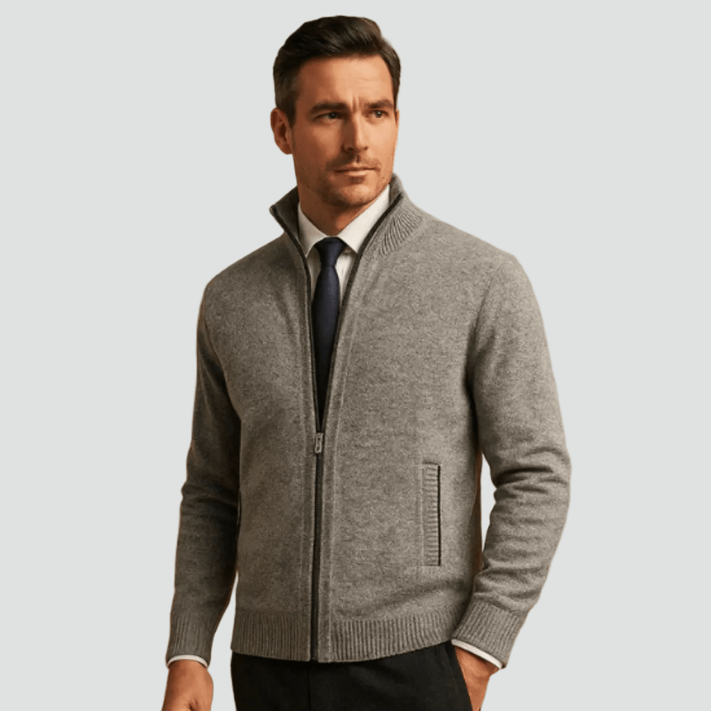Mane | Men's Knitted Zip Cardigan with Stand Collar - Full-Zip Ribbed Knit Casual Jacket & Warm Fall Winter Layering Sweater - Nalani - Fashion Clothing and Decor