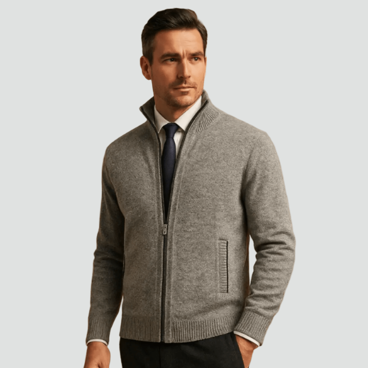 Mane | Men's Knitted Zip Cardigan with Stand Collar - Full-Zip Ribbed Knit Casual Jacket & Warm Fall Winter Layering Sweater - Nalani - Fashion Clothing and Decor