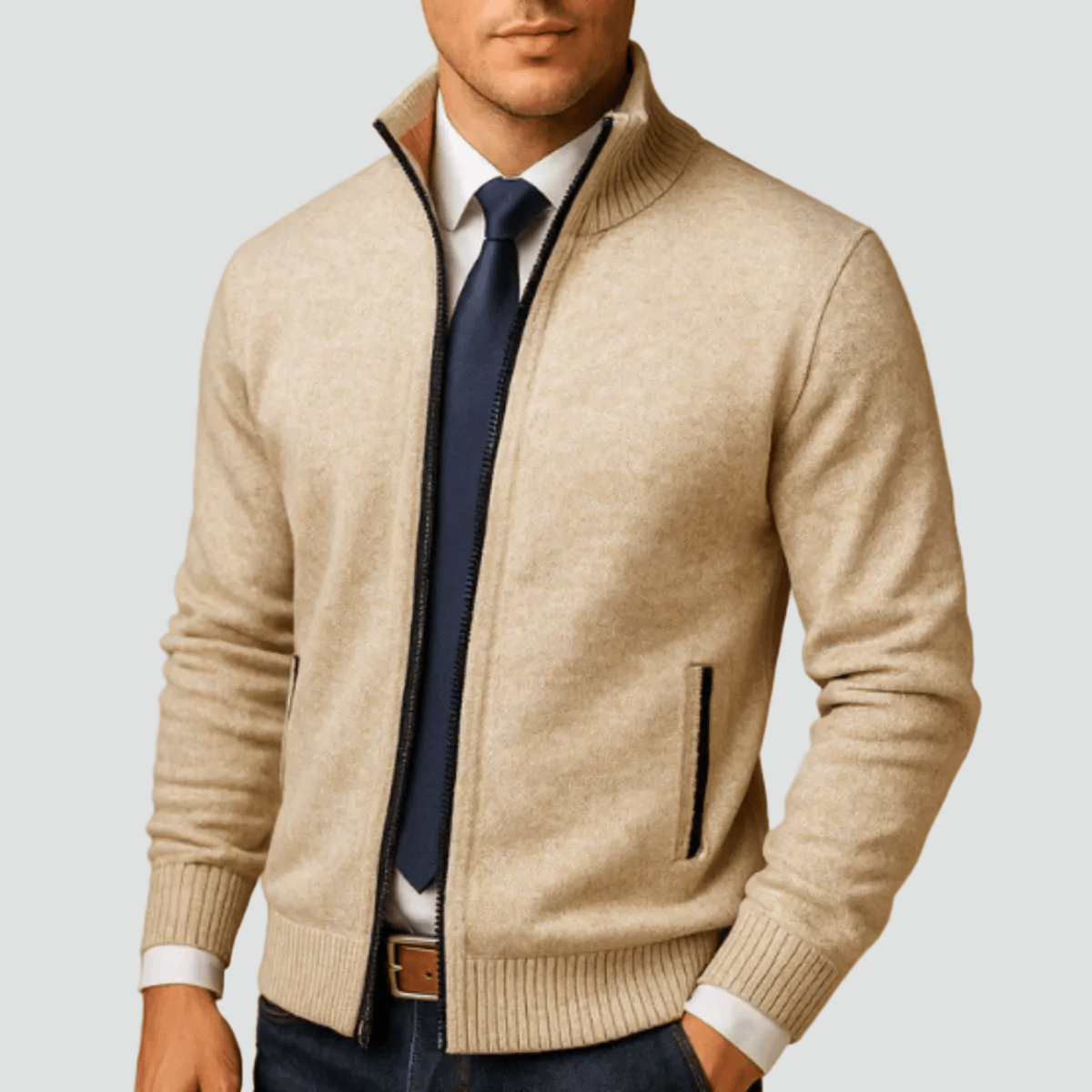 Mane | Men's Knitted Zip Cardigan with Stand Collar - Full-Zip Ribbed Knit Casual Jacket & Warm Fall Winter Layering Sweater - Nalani - Fashion Clothing and Decor