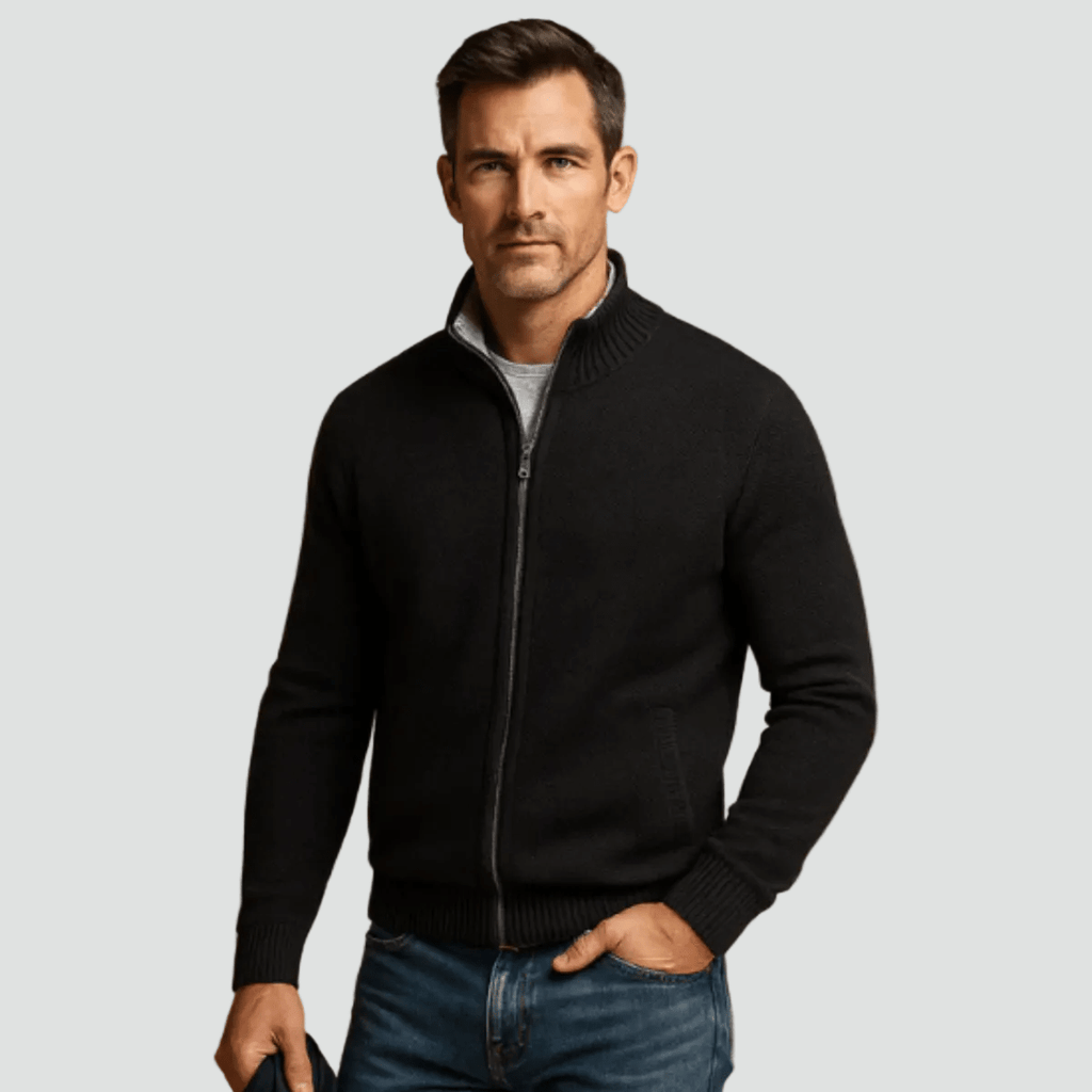 Mane | Men's Knitted Zip Cardigan with Stand Collar - Full-Zip Ribbed Knit Casual Jacket & Warm Fall Winter Layering Sweater - Nalani - Fashion Clothing and Decor