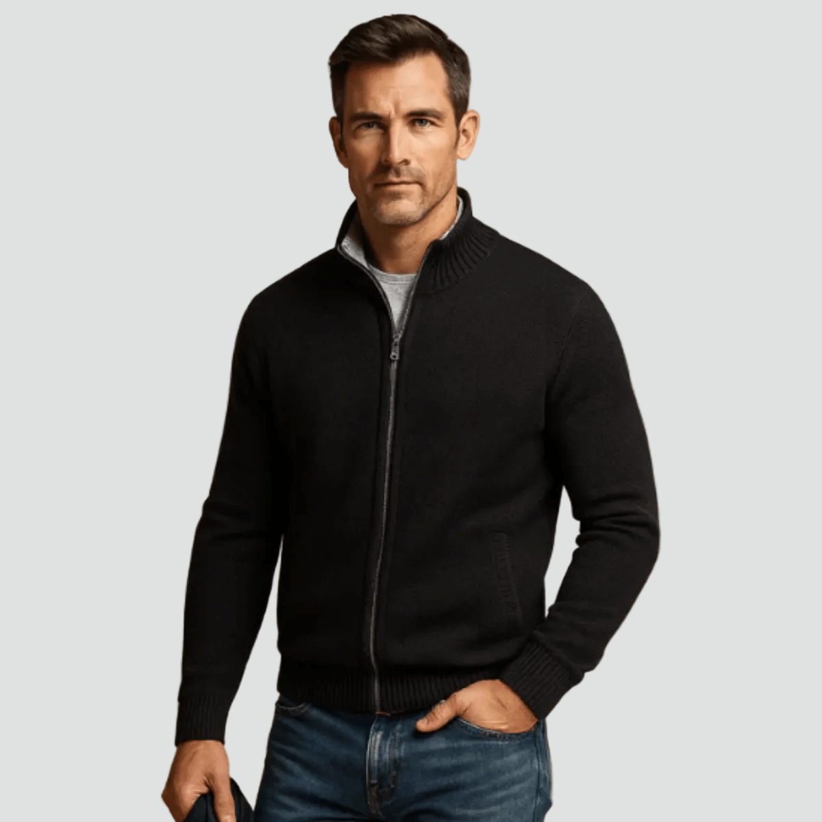 Mane | Men's Knitted Zip Cardigan with Stand Collar - Full-Zip Ribbed Knit Casual Jacket & Warm Fall Winter Layering Sweater - Nalani - Fashion Clothing and Decor