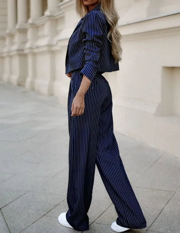 Mareva | Two - piece women's striped suit | Short blazer and straight - leg trousers - Nalani - Fashion Clothing and Decor