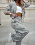 Mareva | Two - piece women's striped suit | Short blazer and straight - leg trousers - Nalani - Fashion Clothing and Decor