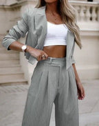 Mareva | Two - piece women's striped suit | Short blazer and straight - leg trousers - Nalani - Fashion Clothing and Decor