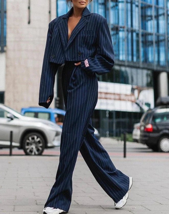 Mareva | Two - piece women's striped suit | Short blazer and straight - leg trousers - Nalani - Fashion Clothing and Decor