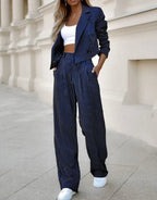 Mareva | Two - piece women's striped suit | Short blazer and straight - leg trousers - Nalani - Fashion Clothing and Decor