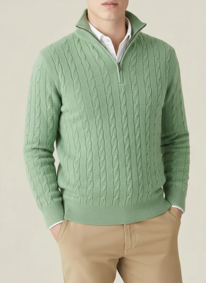 Mens Cable Knit Half Zip Jumper Stand Collar With Rib Trim - Nalani - UK Fashion Clothing and Decor