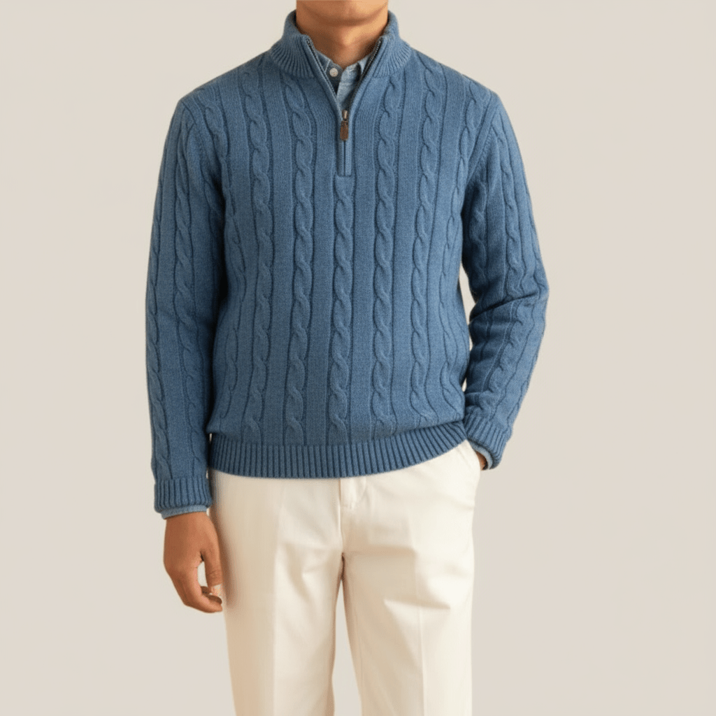 Mens Cable Knit Half Zip Jumper Stand Collar With Rib Trim - Nalani - UK Fashion Clothing and Decor