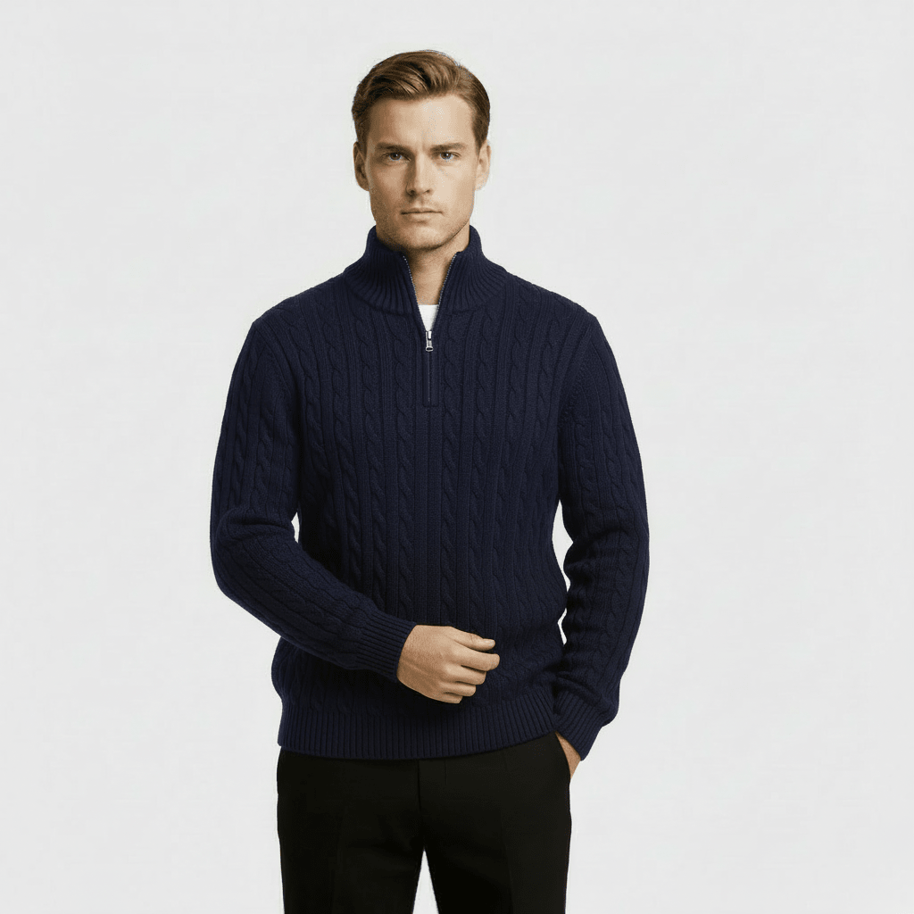 Mens Cable Knit Quarter Zip Jumper With Stand Collar - Nalani - UK Fashion Clothing and Decor