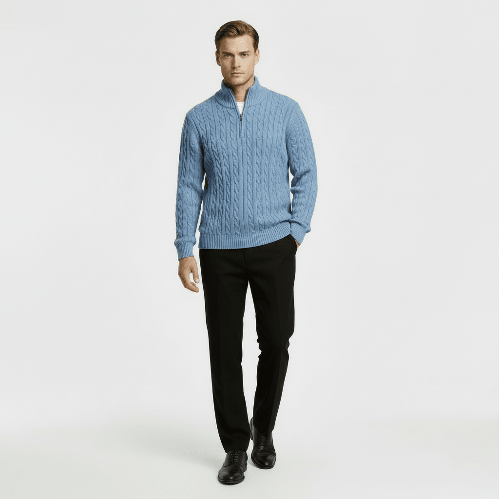 Mens Cable Knit Quarter Zip Jumper With Stand Collar - Nalani - UK Fashion Clothing and Decor