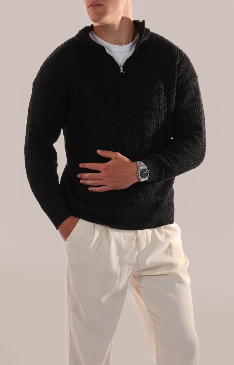 Men's Half Zip Jumper Knitted Stand Collar Rib Trim Warm Layer - Nalani - UK Fashion Clothing and Decor