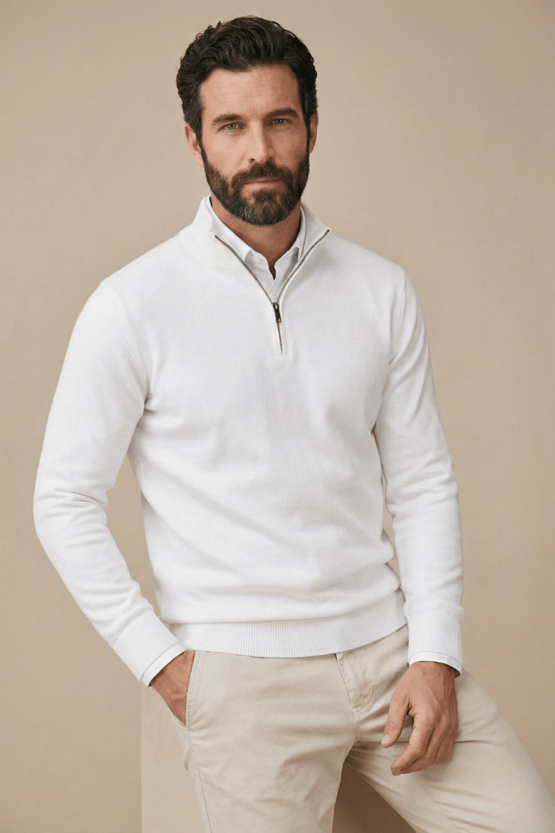 Mens Half Zip Jumper With Stand Collar Long Sleeve And Ribbed Hem - Nalani - UK Fashion Clothing and Decor