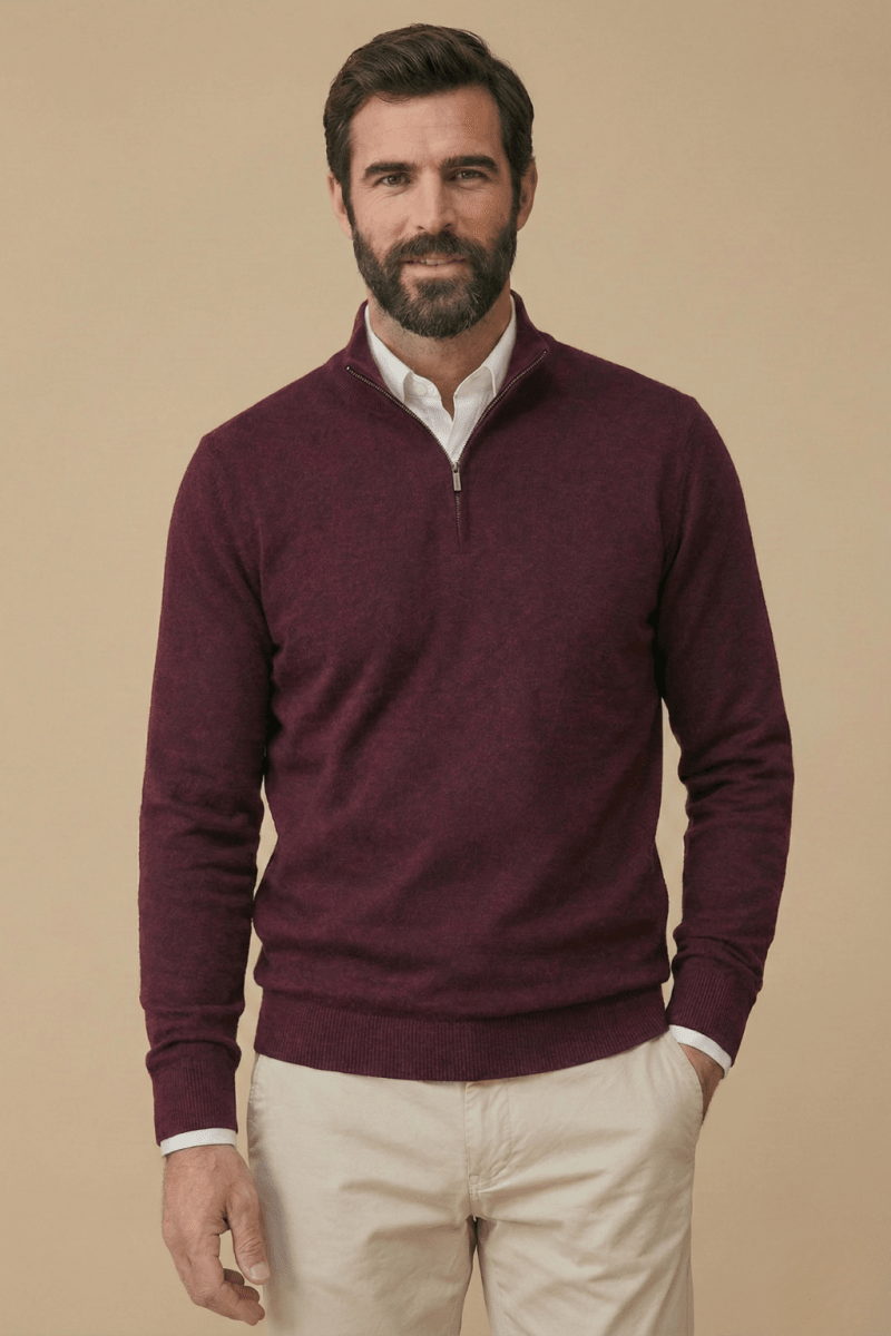 Mens Half Zip Jumper With Stand Collar Long Sleeve And Ribbed Hem - Nalani - UK Fashion Clothing and Decor