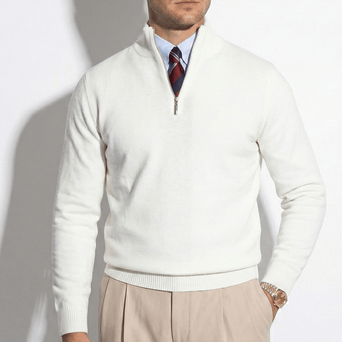 Mens Half Zip Knitted Jumper With High Collar And Ribbed Trim - Nalani - UK Fashion Clothing and Decor