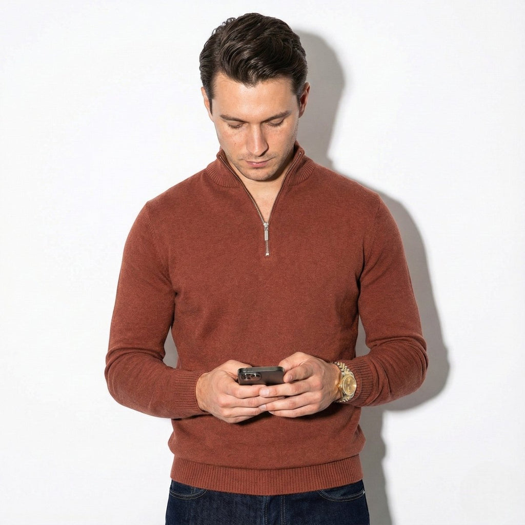 Mens Half Zip Knitted Jumper With High Collar And Ribbed Trim - Nalani - UK Fashion Clothing and Decor
