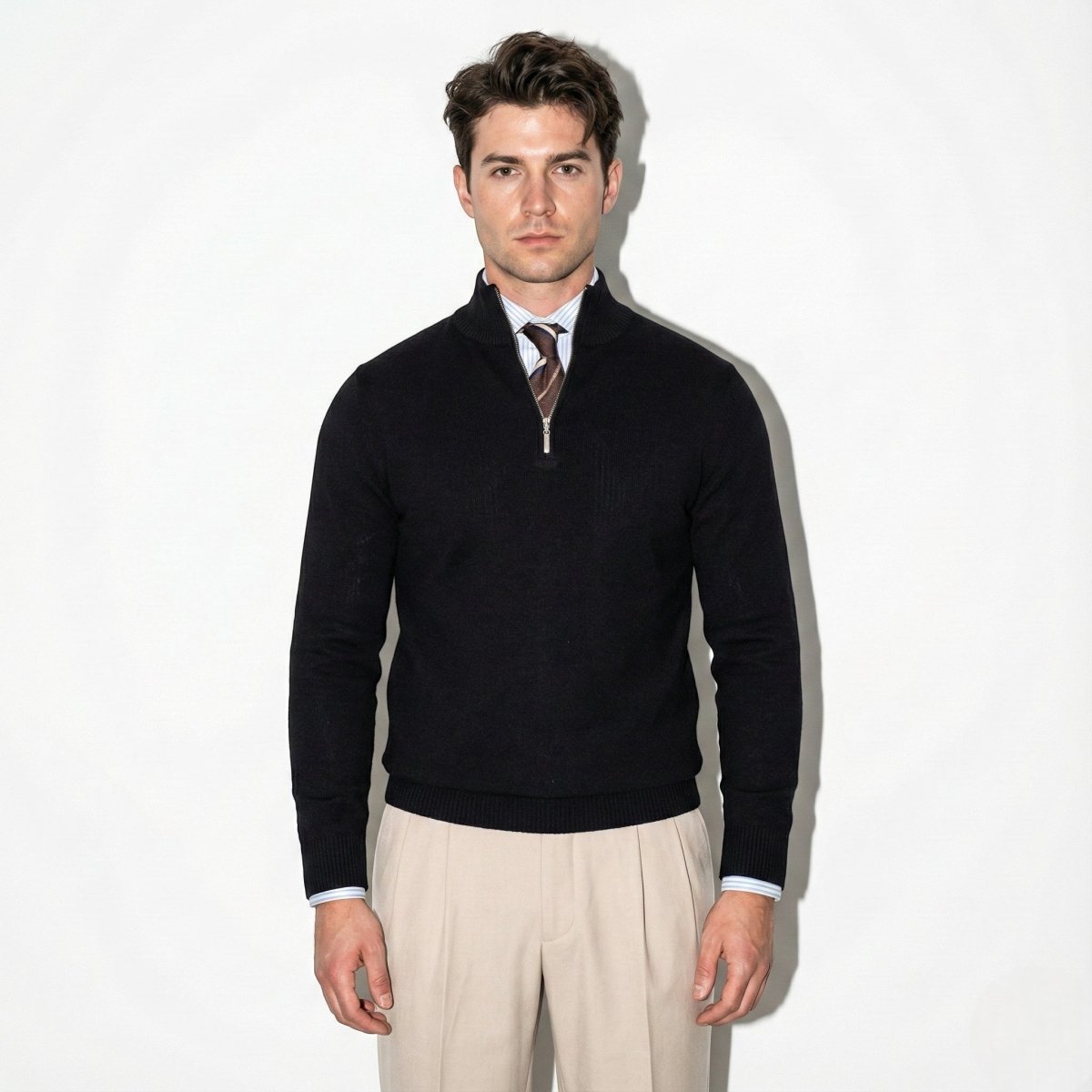 Mens Half Zip Knitted Jumper With High Collar And Ribbed Trim - Nalani - UK Fashion Clothing and Decor
