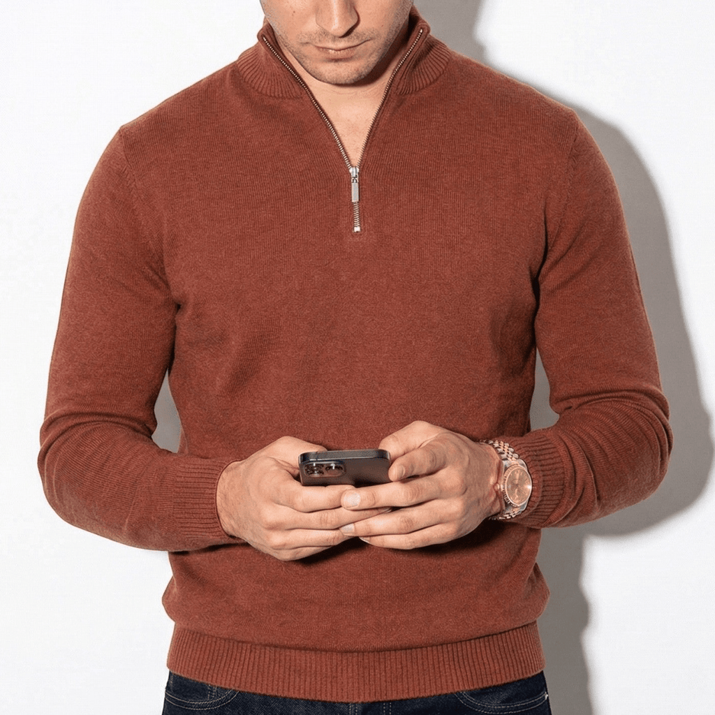 Mens Half Zip Knitted Jumper With High Collar And Ribbed Trim - Nalani - UK Fashion Clothing and Decor