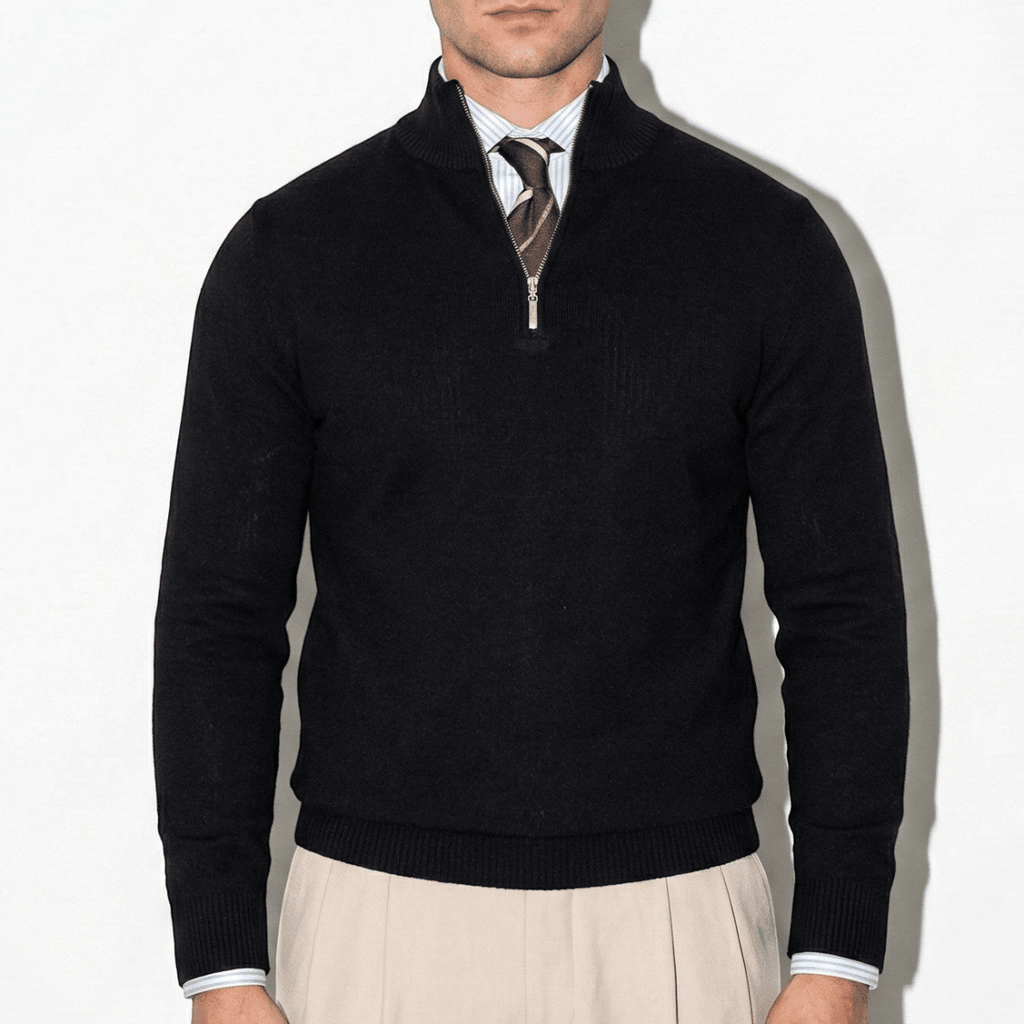 Mens Half Zip Knitted Jumper With High Collar And Ribbed Trim - Nalani - UK Fashion Clothing and Decor