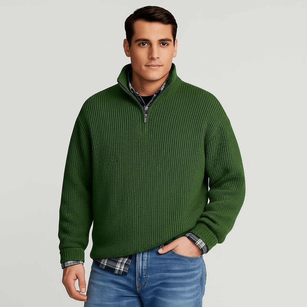 Mens Half Zip Ribbed Sweater With Stand Collar Layering - Nalani - UK Fashion Clothing and Decor