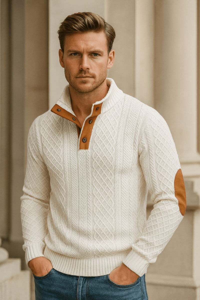 Men's Knitted Sweater With Jacquard Pattern And Elbow Patches - Nalani - UK Fashion Clothing and Decor