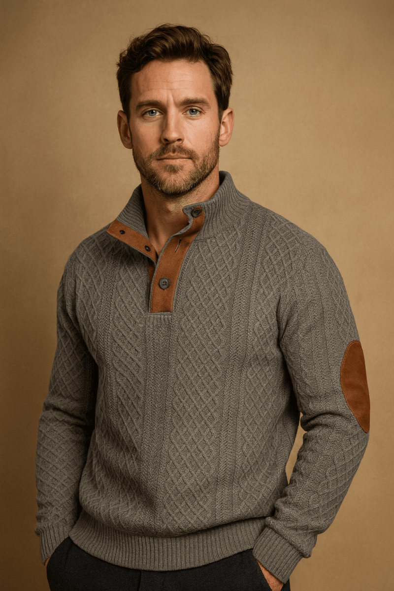 Men's Knitted Sweater With Jacquard Pattern And Elbow Patches - Nalani - UK Fashion Clothing and Decor