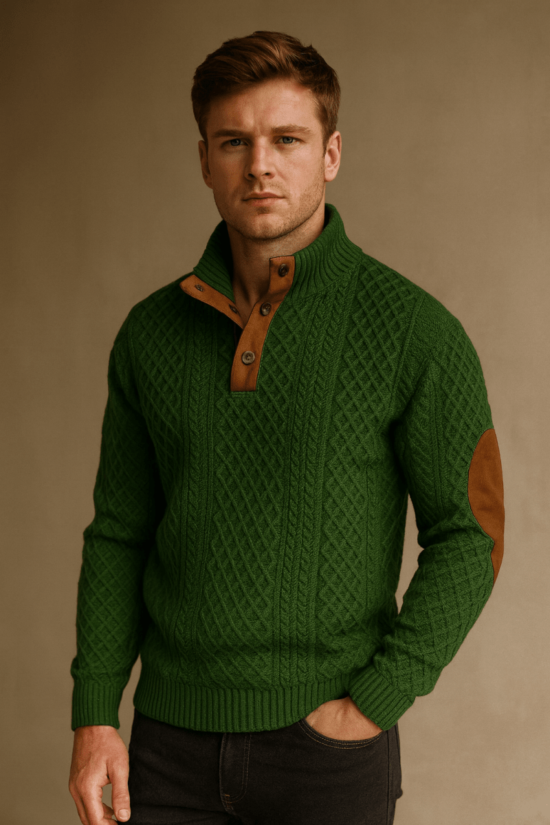 Men's Knitted Sweater With Jacquard Pattern And Elbow Patches - Nalani - UK Fashion Clothing and Decor