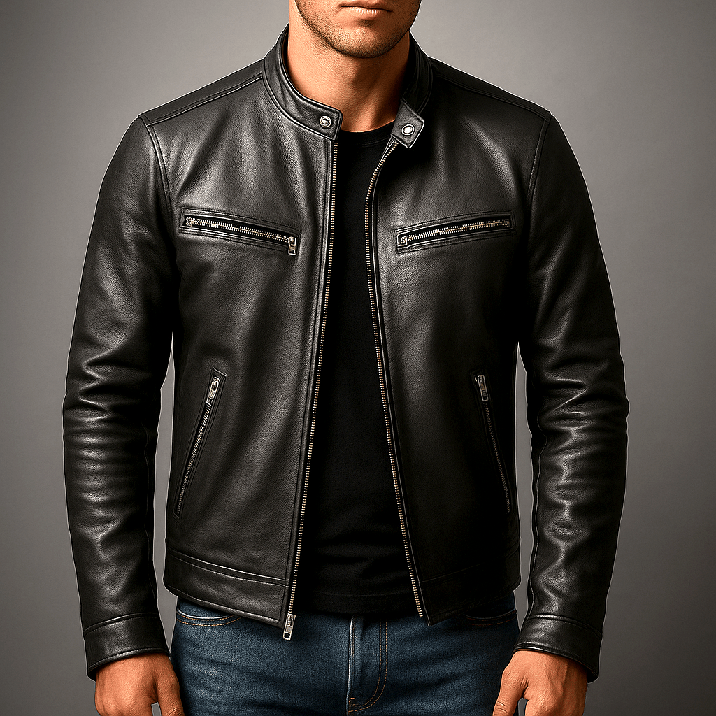 Men's Leather Jacket - Vintage Vegan Leather Zip Jacket with Pockets - Nalani - Fashion Clothing and Decor