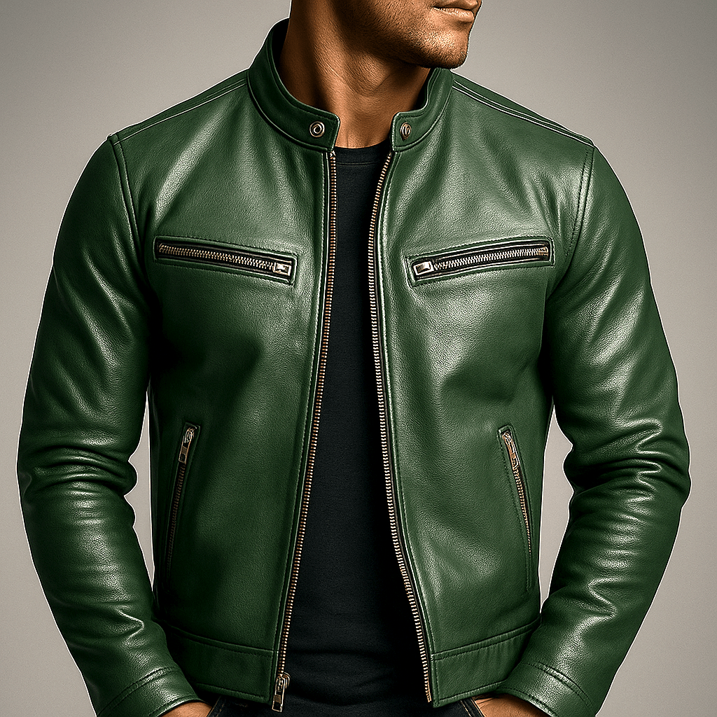 Men's Leather Jacket - Vintage Vegan Leather Zip Jacket with Pockets - Nalani - Fashion Clothing and Decor