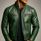 Men's Leather Jacket - Vintage Vegan Leather Zip Jacket with Pockets - Nalani - Fashion Clothing and Decor