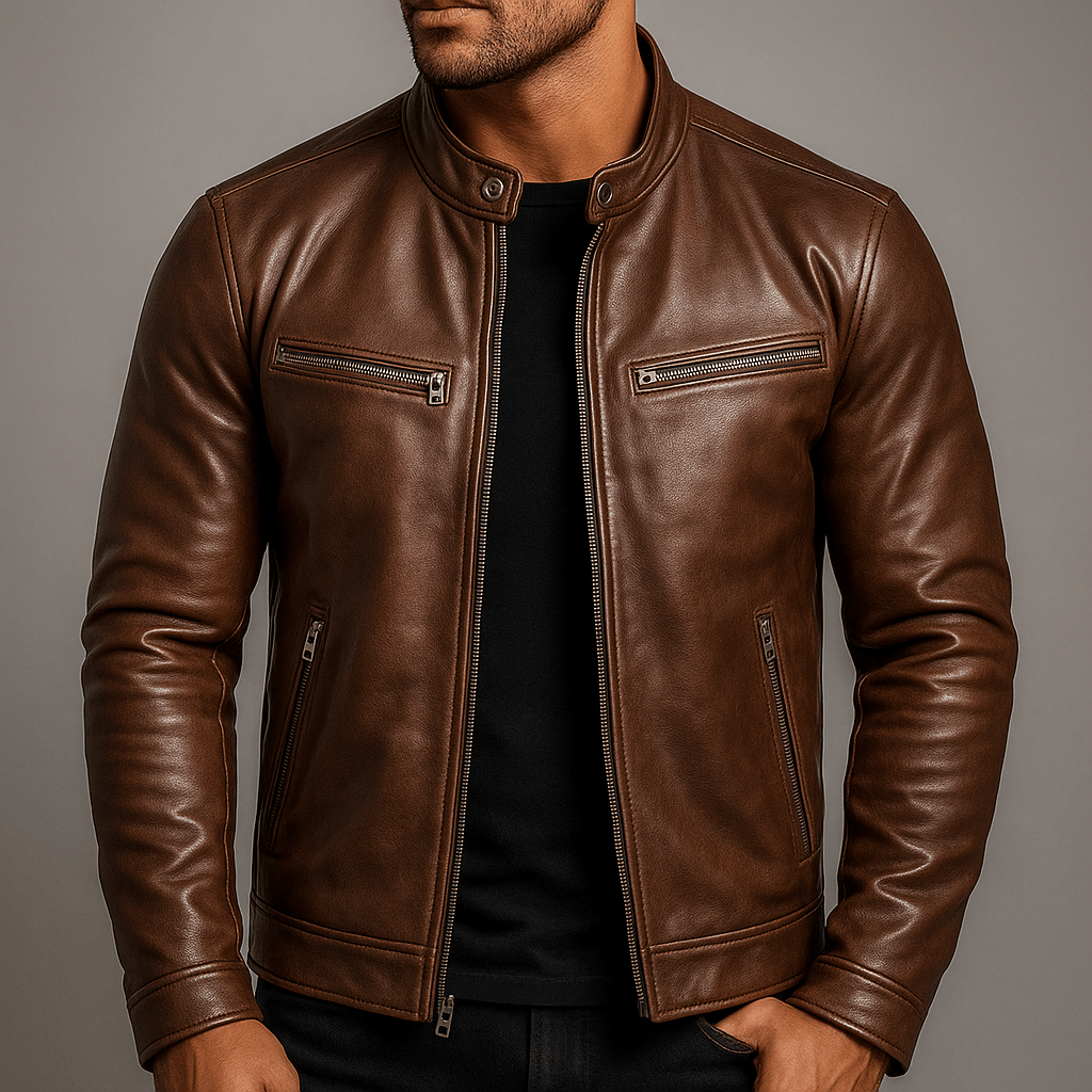 Men's Leather Jacket - Vintage Vegan Leather Zip Jacket with Pockets - Nalani - Fashion Clothing and Decor