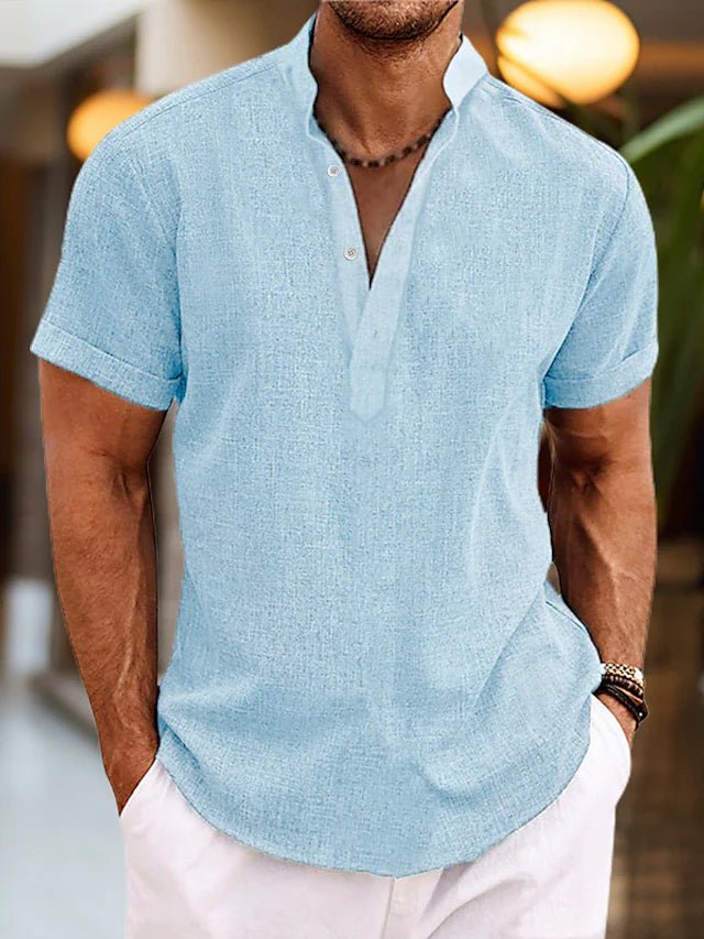 Mens Linen Shirt Breathable Summer Henley Collar Short Sleeves - Nalani - Fashion Clothing and Decor