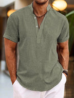 Mens Linen Shirt Breathable Summer Henley Collar Short Sleeves - Nalani - Fashion Clothing and Decor