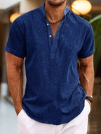 Mens Linen Shirt Breathable Summer Henley Collar Short Sleeves - Nalani - Fashion Clothing and Decor