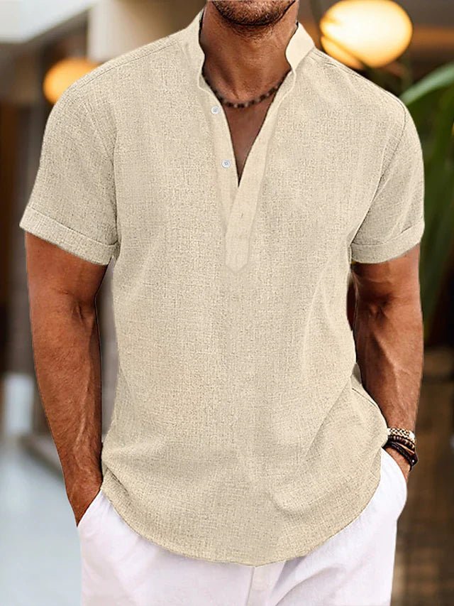 Mens Linen Shirt Breathable Summer Henley Collar Short Sleeves - Nalani - Fashion Clothing and Decor