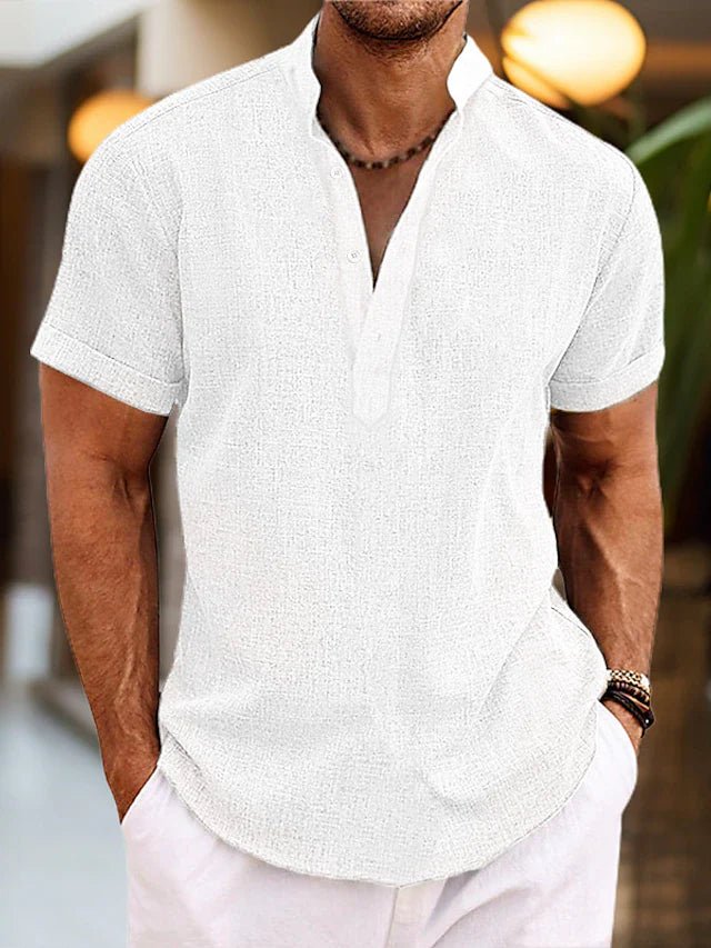 Mens Linen Shirt Breathable Summer Henley Collar Short Sleeves - Nalani - Fashion Clothing and Decor