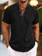Mens Linen Shirt Breathable Summer Henley Collar Short Sleeves - Nalani - Fashion Clothing and Decor