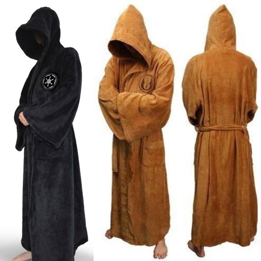 Men's Long Flannel Robe with Hood – Warm Extra-Long Hooded Bathrobe with Belt, Absorbent, Black or Brown – Hommes - Nalani - Fashion Clothing and Decor