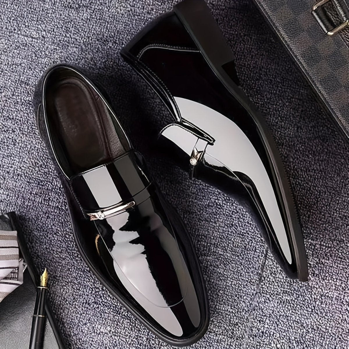 Men’s Patent Leather Loafers - Pointed Toe Smart Slip-On Shoes - Nalani - Fashion Clothing and Decor