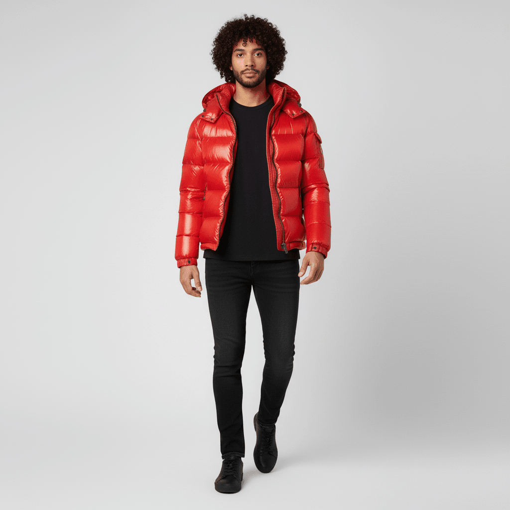 Men's Quilted Jacket with Hood – Shiny Winter Coat with Elastic Cuffs & Slant Pockets, Black or Red, S-6XL – Calico - Nalani - Fashion Clothing and Decor