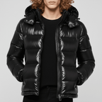 Men's Quilted Jacket with Hood – Shiny Winter Coat with Elastic Cuffs & Slant Pockets, Black or Red, S-6XL – Calico - Nalani - Fashion Clothing and Decor