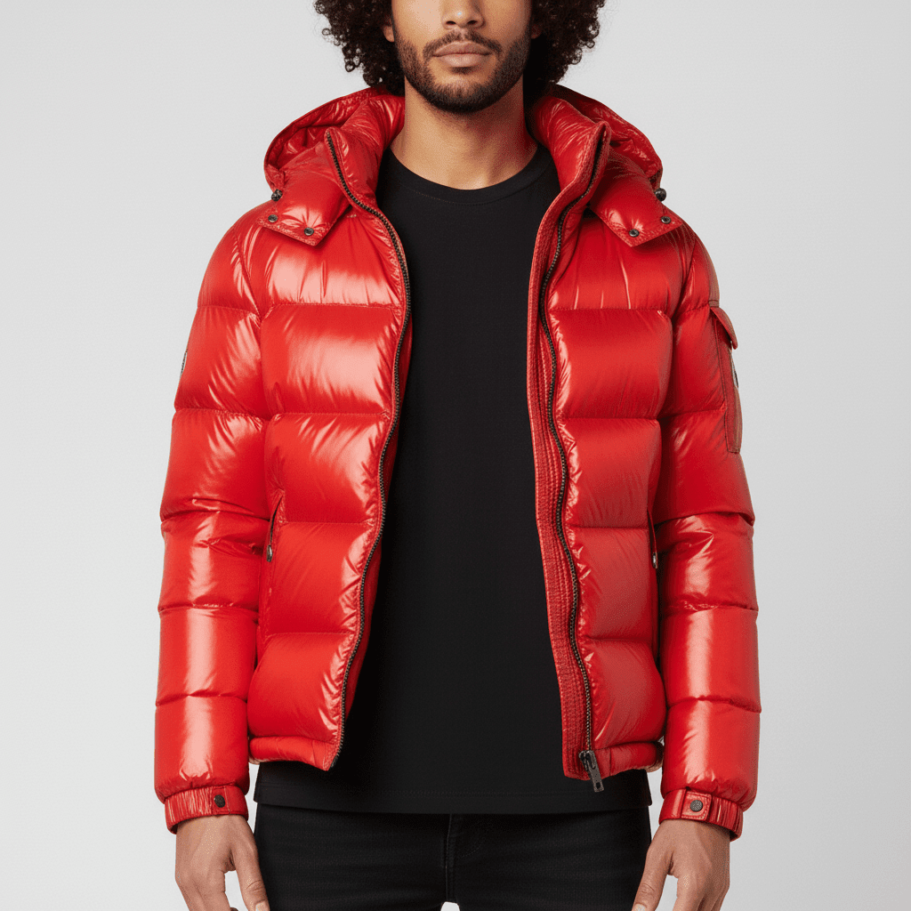 Men's Quilted Jacket with Hood – Shiny Winter Coat with Elastic Cuffs & Slant Pockets, Black or Red, S-6XL – Calico - Nalani - Fashion Clothing and Decor
